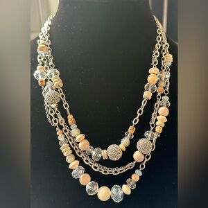 LOFT Signed Multi-Layered Necklace Clear Beige Beads Silver Tone Boho Jewelry